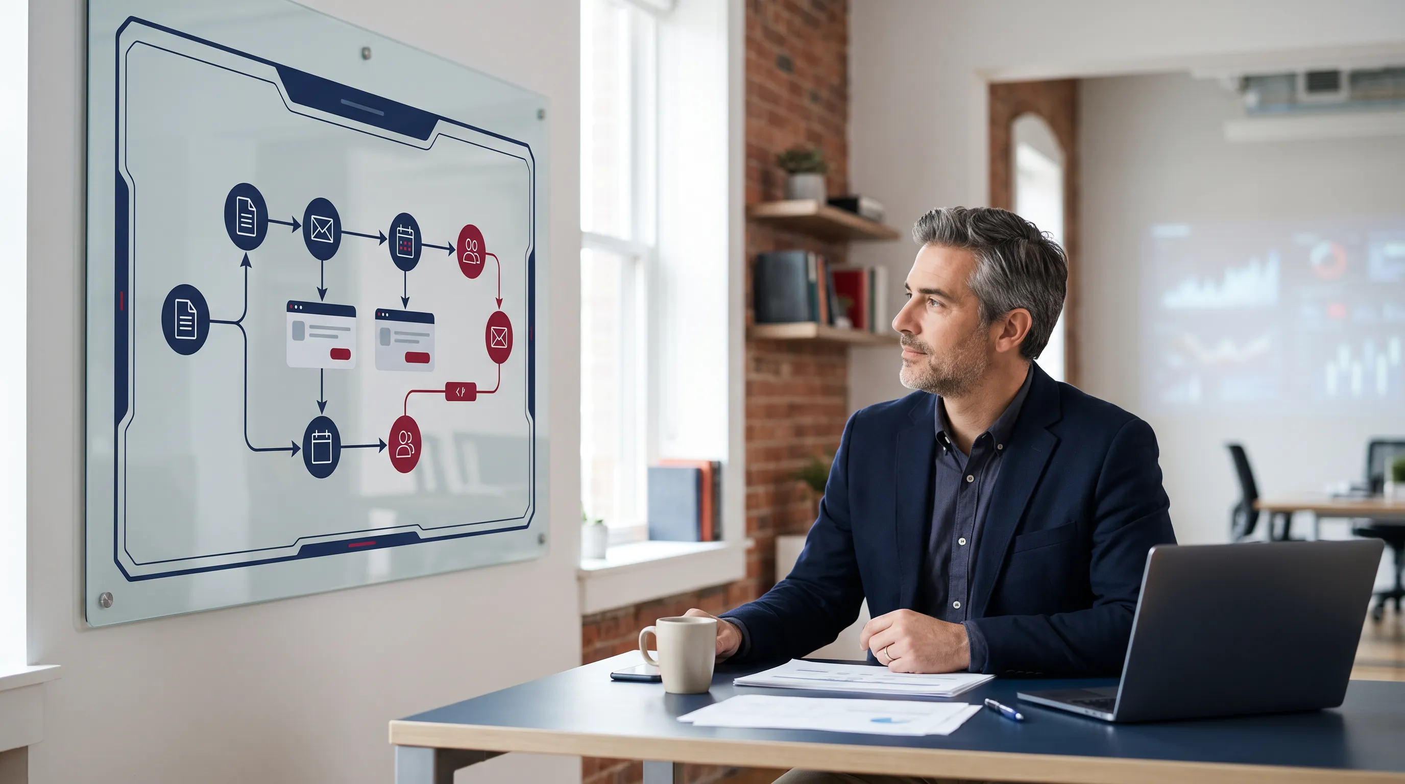 Business owner reviewing connected AI agent workflows for tasks and follow-up