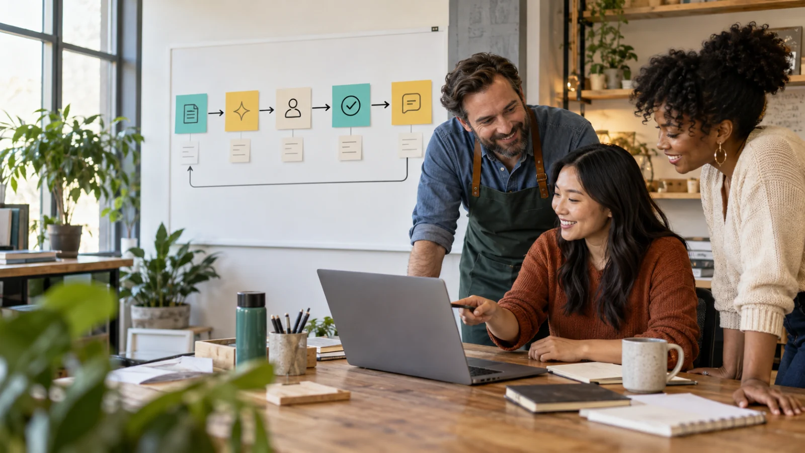 Small business team reviewing an AI automation workflow with human approval steps