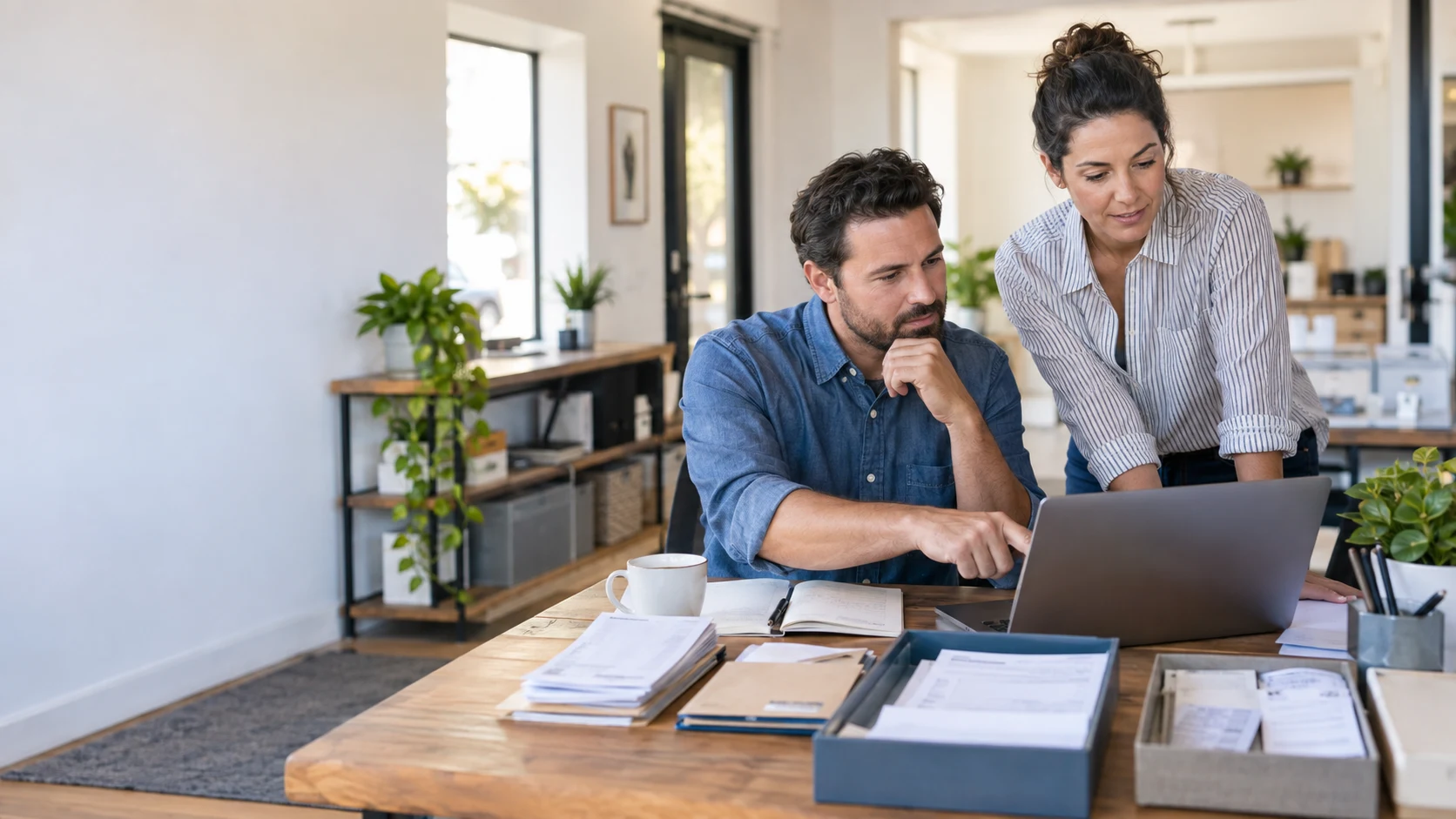 Small business owner and employee reviewing organized bookkeeping records with an AI-assisted workflow