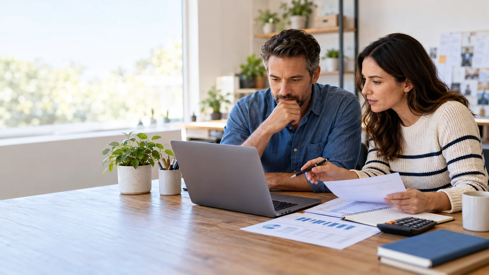 Small-business owner and bookkeeper reviewing an AI-assisted monthly budget on a laptop