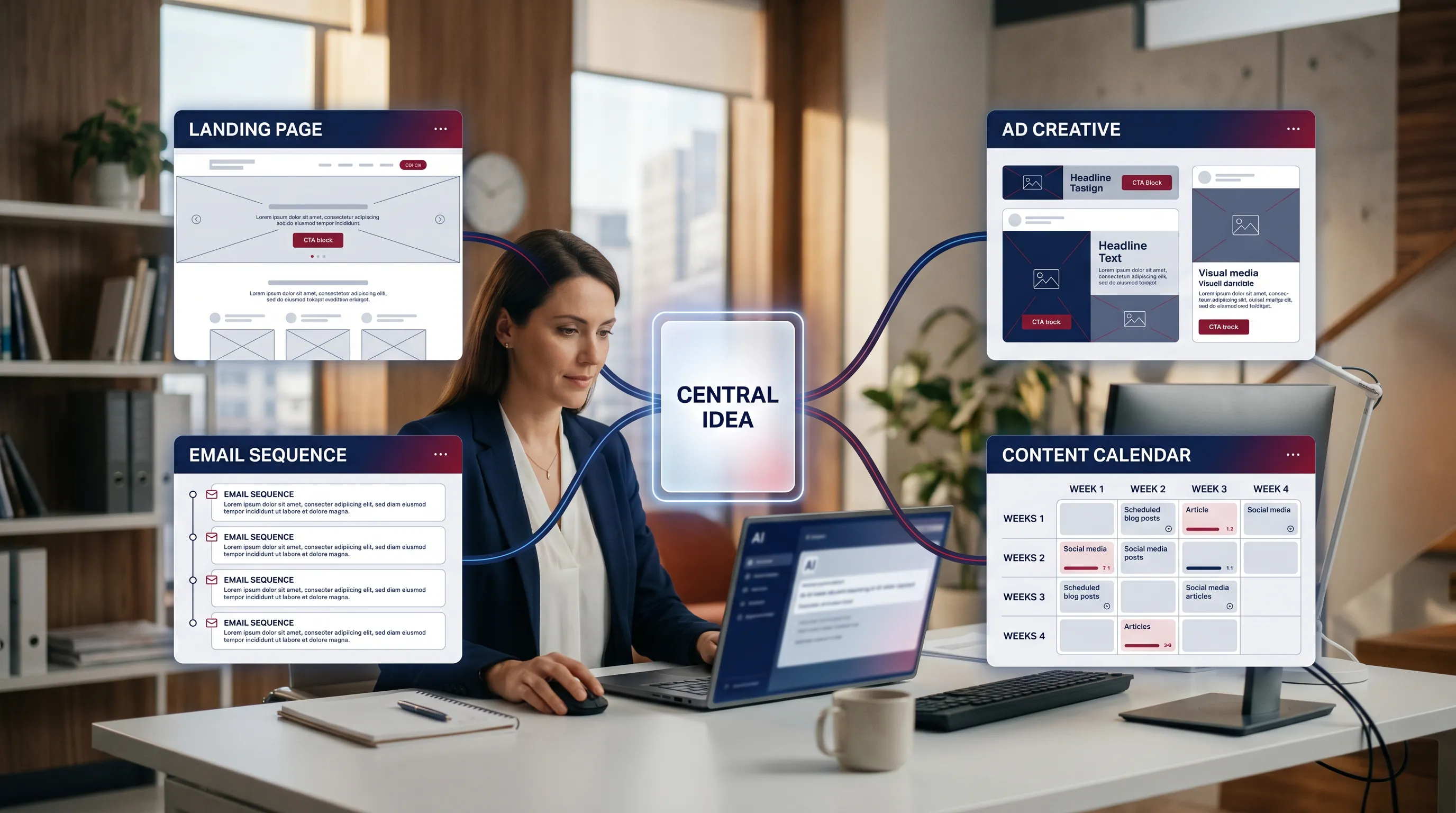 AI campaign workflow connecting landing pages, emails, ads, and content assets