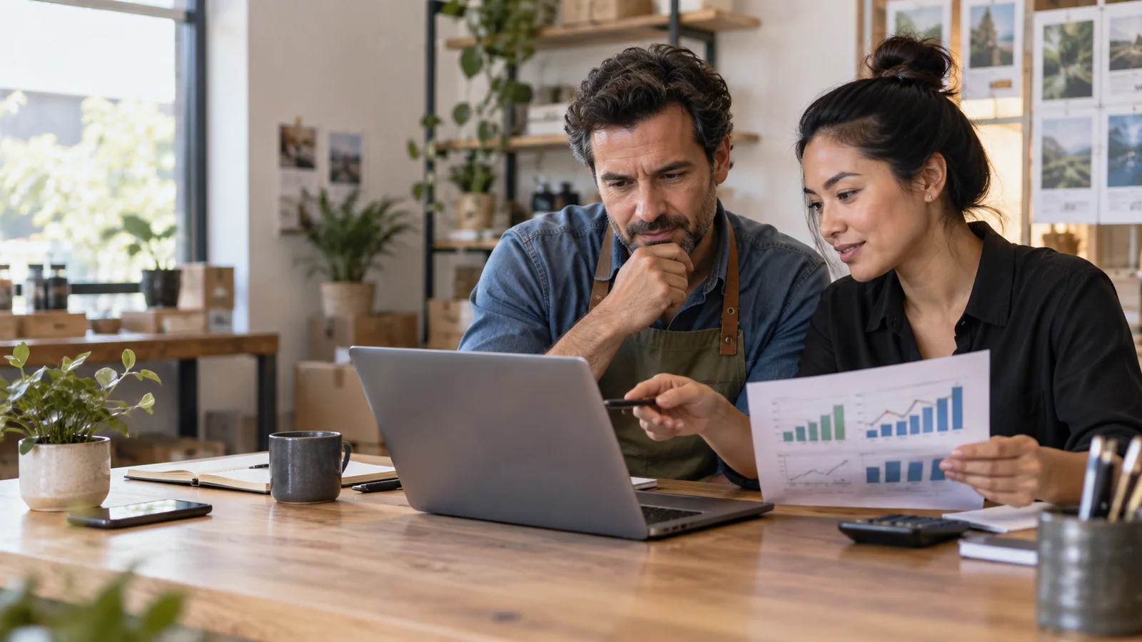 Small business owner and manager reviewing an AI-assisted cash flow forecast on a laptop and printed chart
