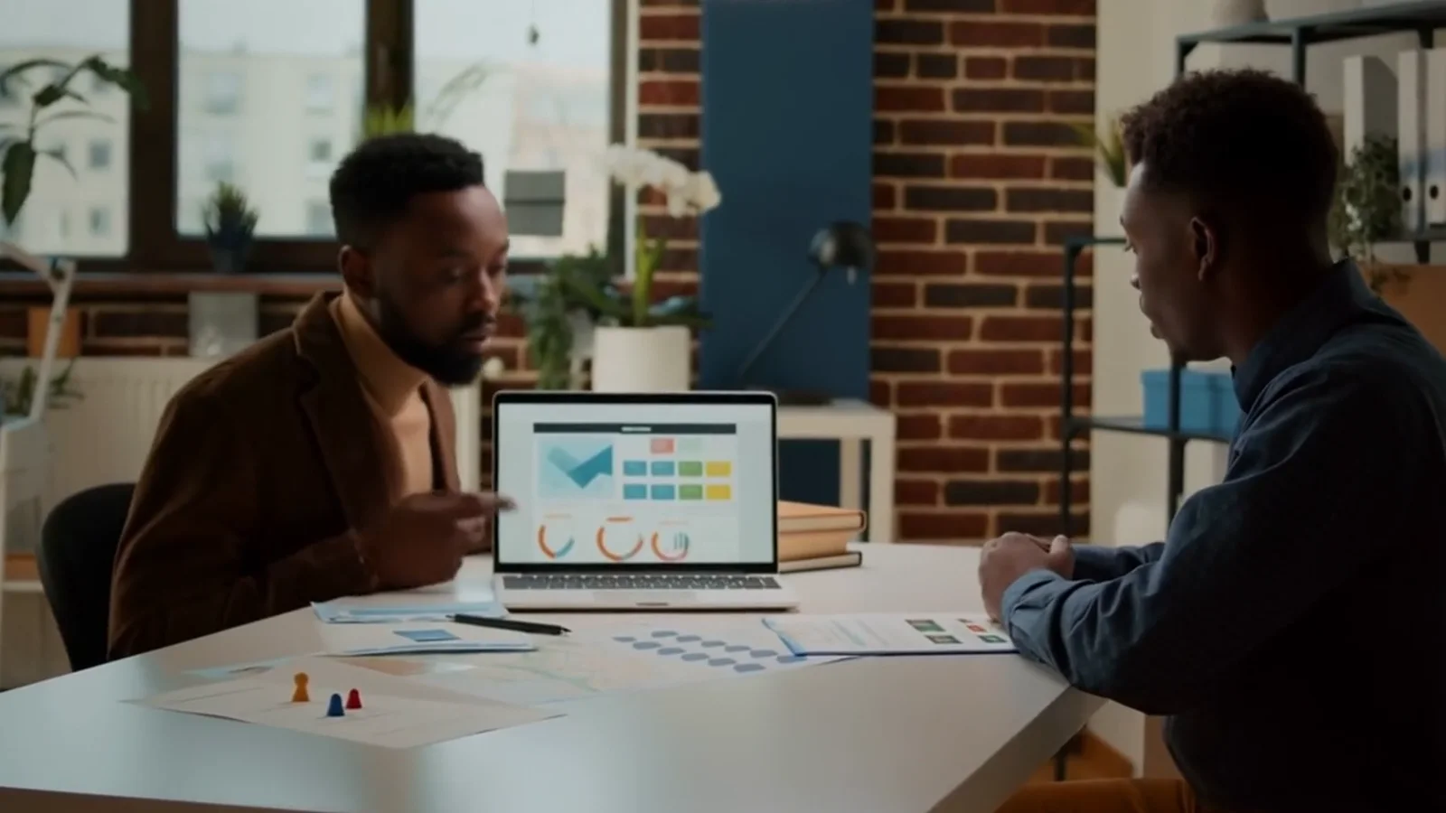 Business team reviewing AI-organized competitor evidence and an offer comparison worksheet