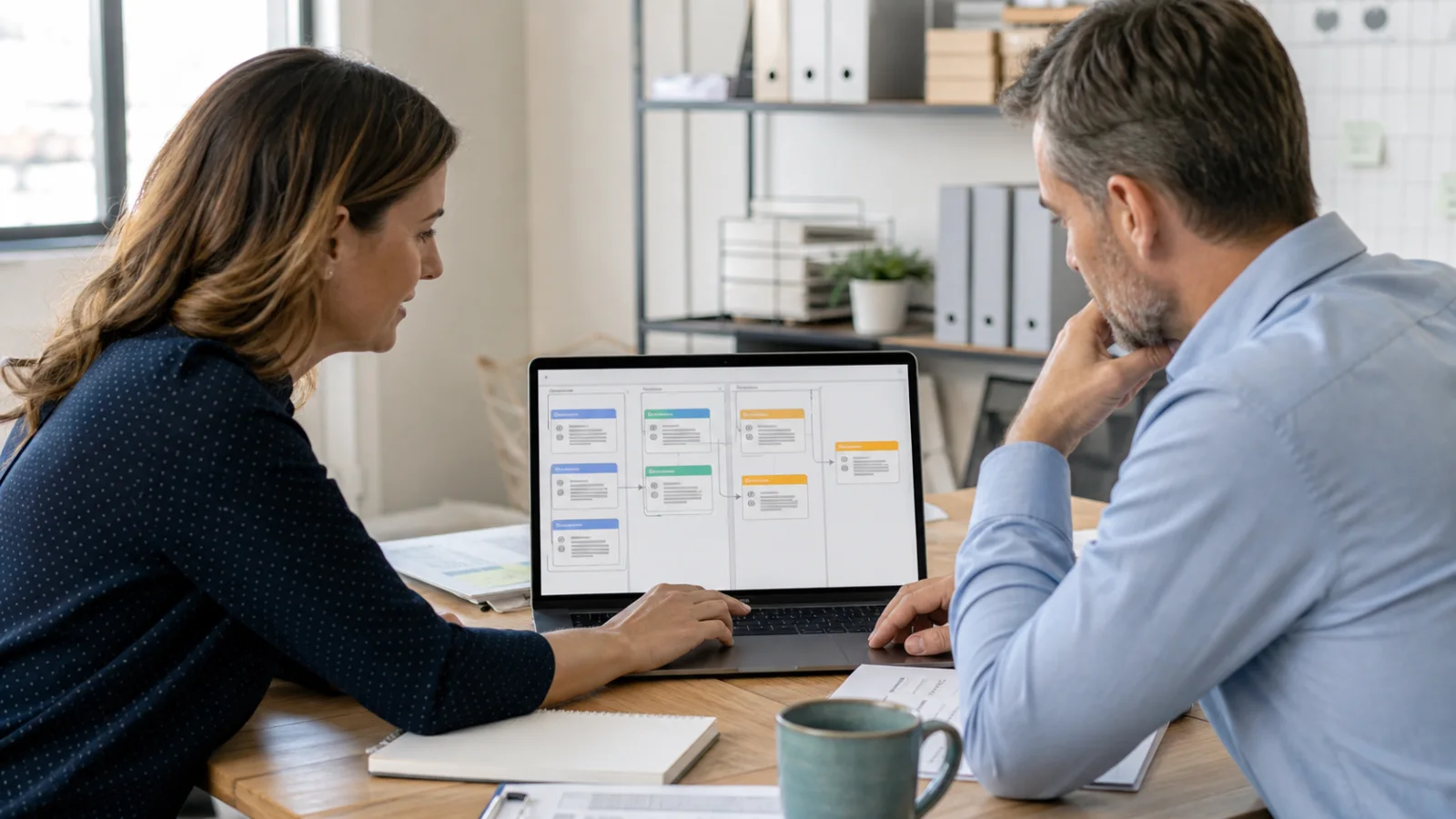 Small business owner and operations manager reviewing an AI-assisted CRM cleanup and customer pipeline