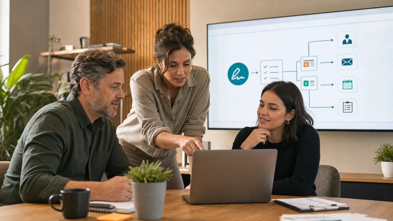 Business team reviewing a human-approved AI client onboarding checklist and welcome workflow