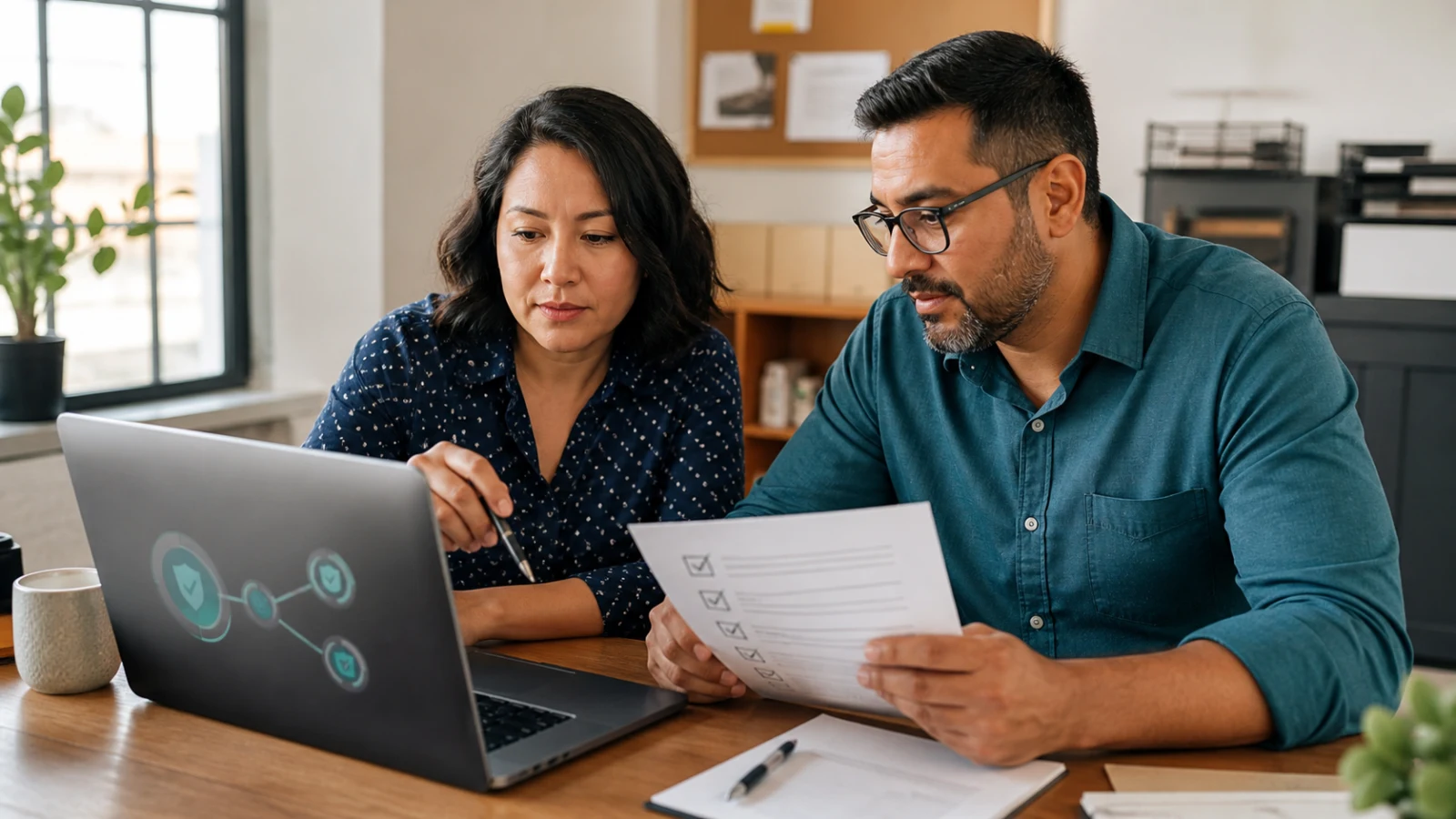 Small business owner and manager reviewing an AI cybersecurity checklist at a laptop