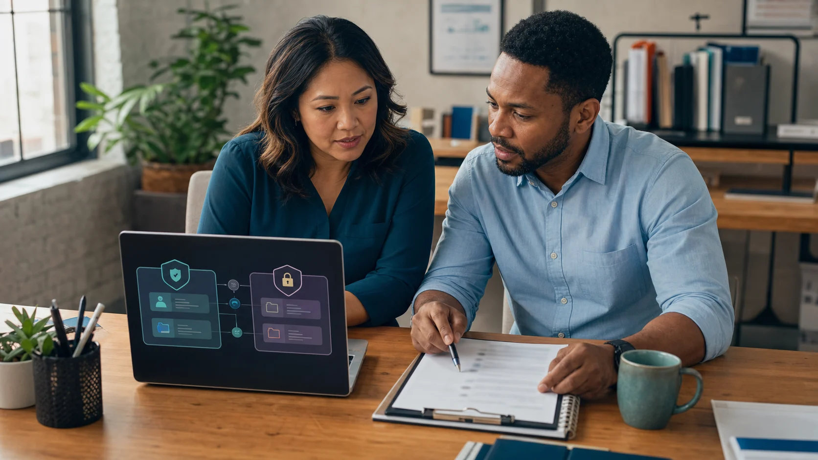 Small business owner and manager reviewing customer data privacy rules for an AI workflow