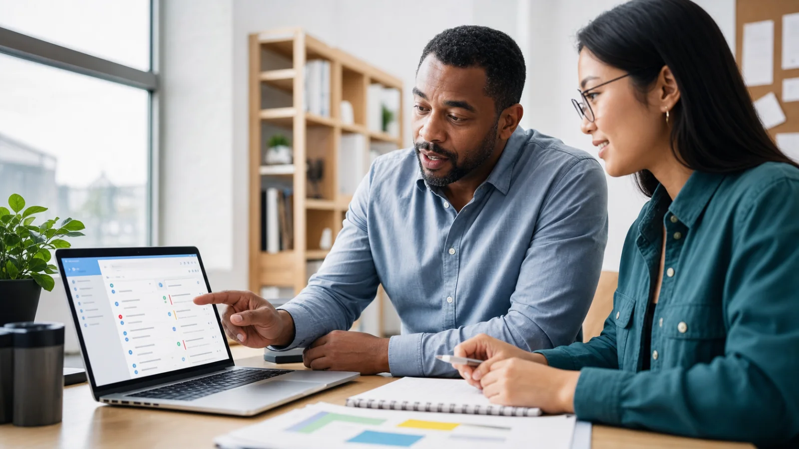 Small business manager and employee reviewing an AI-assisted email management workflow
