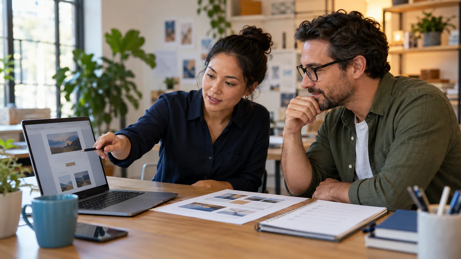 Small business owner and marketing manager reviewing an AI-assisted email campaign before sending