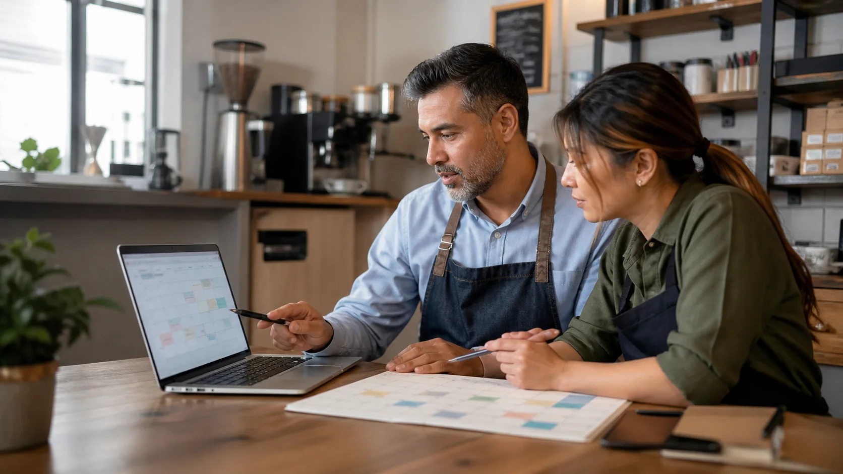 Local business manager and employee reviewing an AI-assisted weekly staff schedule