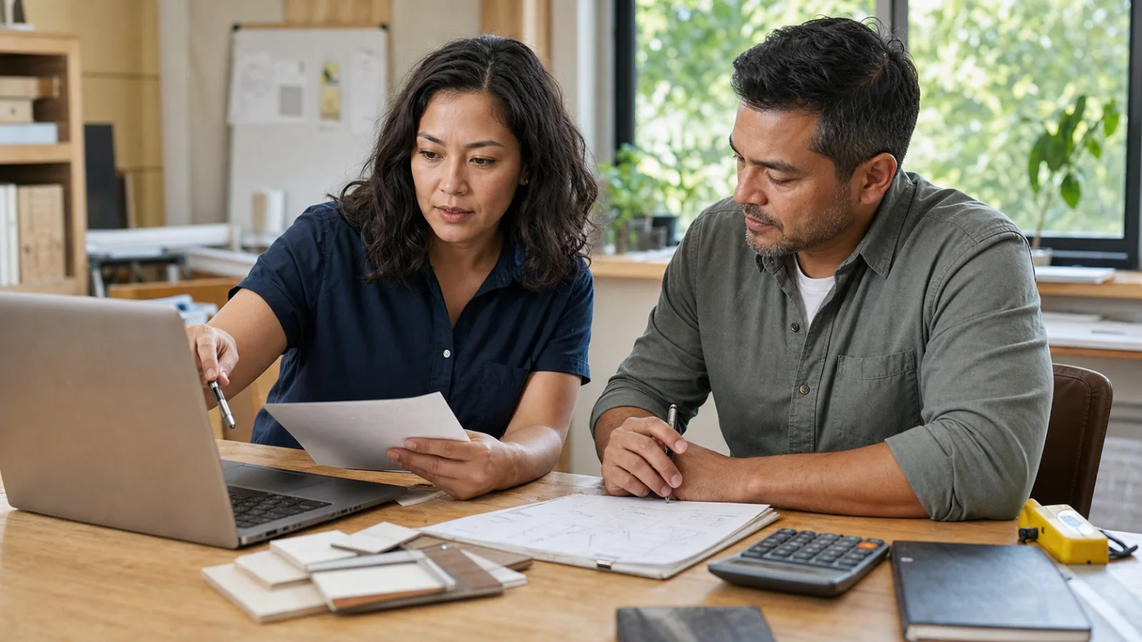 Owner and operations manager checking scope notes pricing and an AI-assisted business proposal