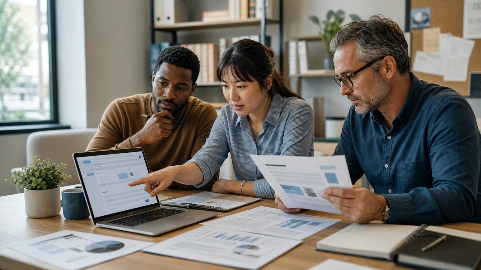 Small business team fact-checking an AI-generated answer against source documents before approval