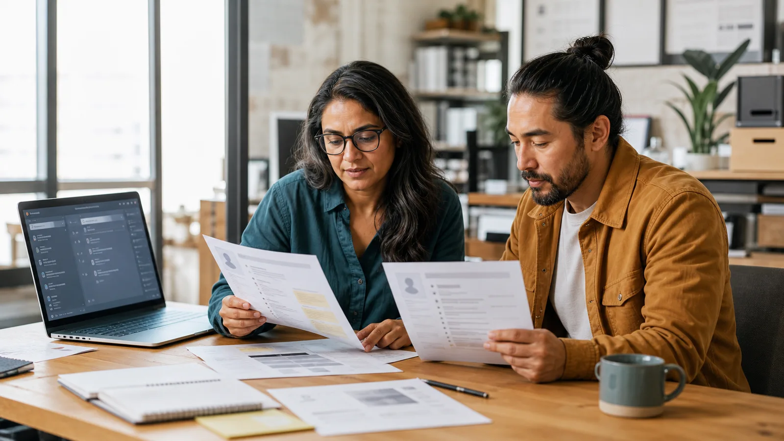 Small business owner and manager reviewing anonymized candidate materials with an AI-assisted hiring workflow