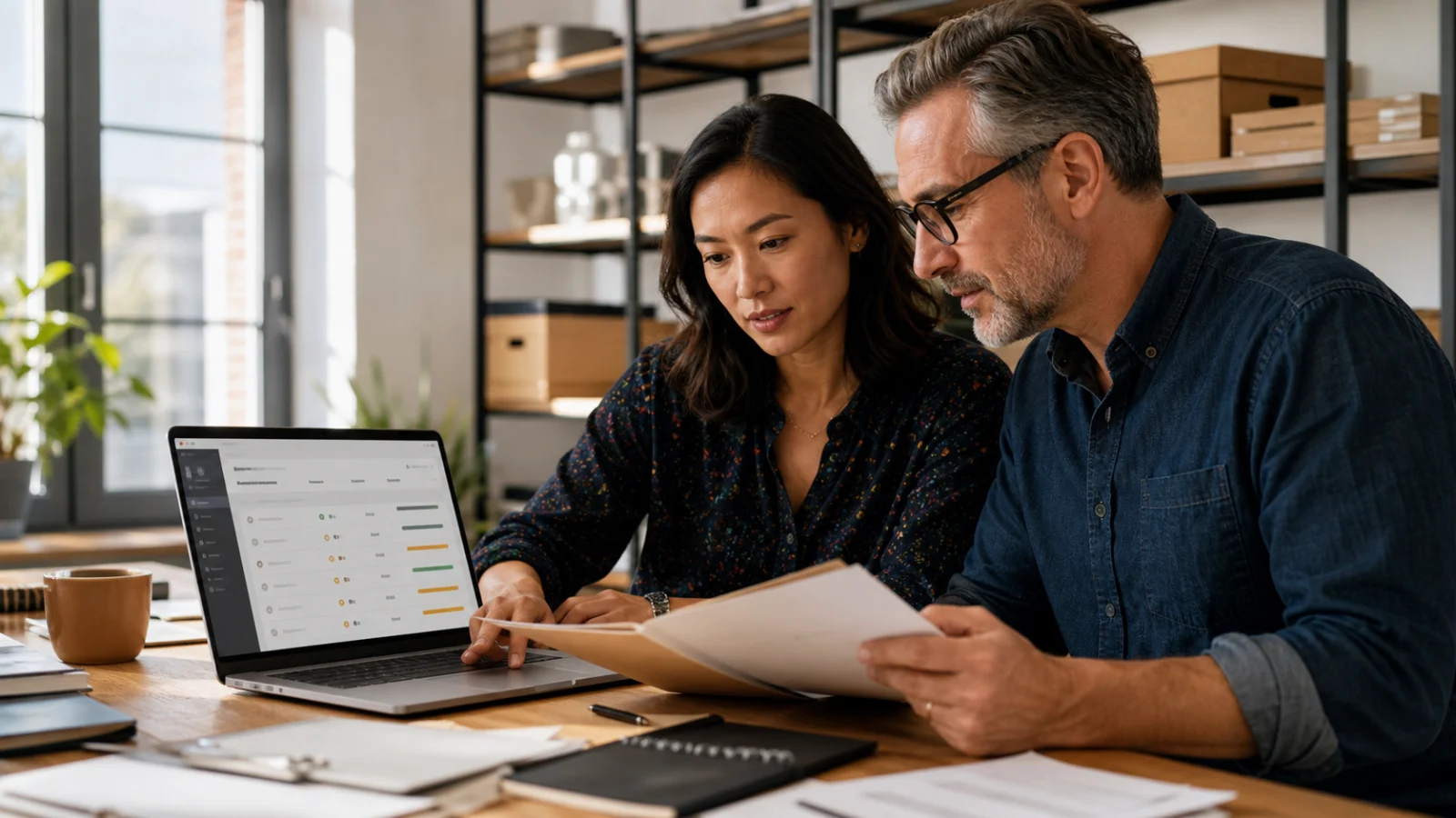 Business coworkers checking invoice records before approving an AI-drafted payment reminder