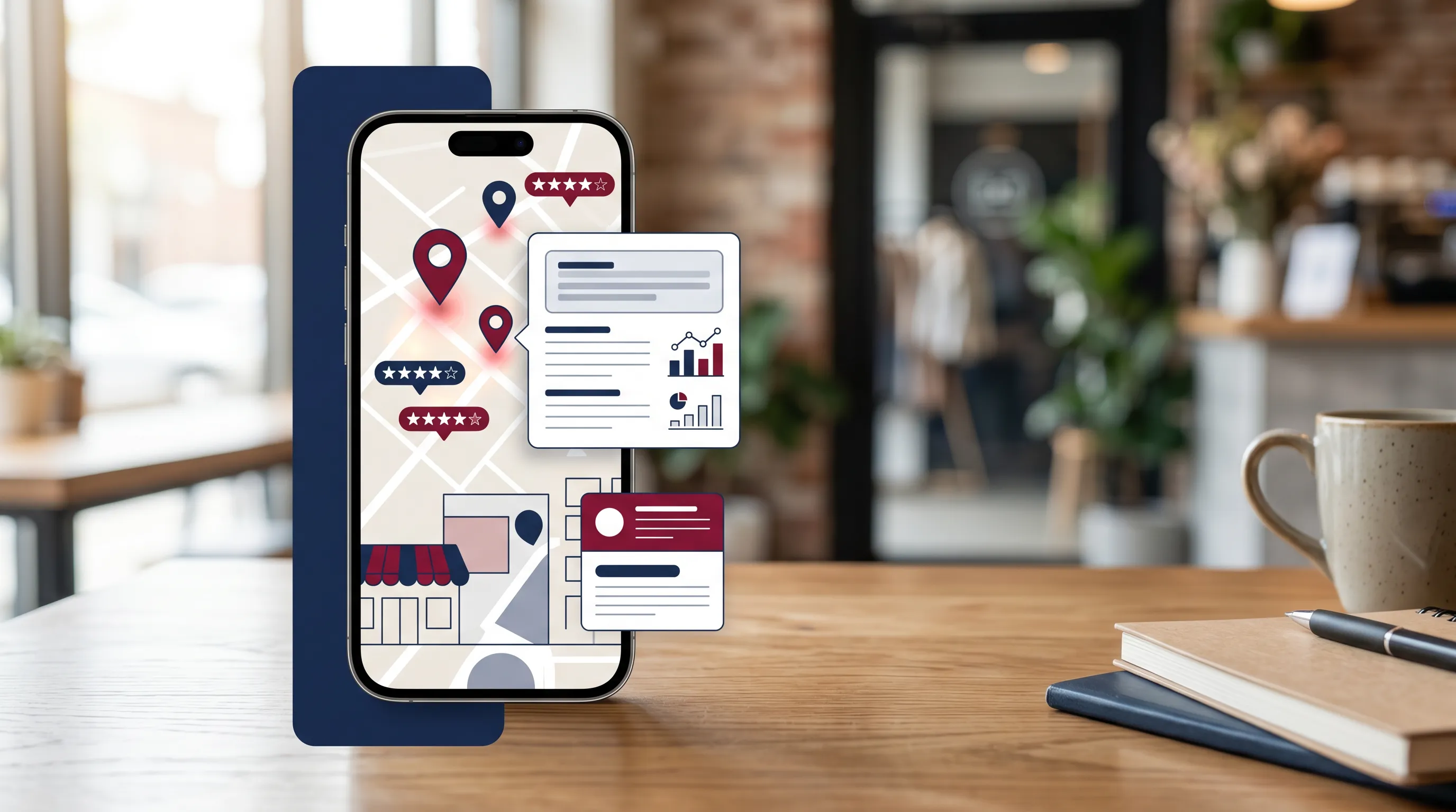 AI search visibility concept with local map pins and business result cards