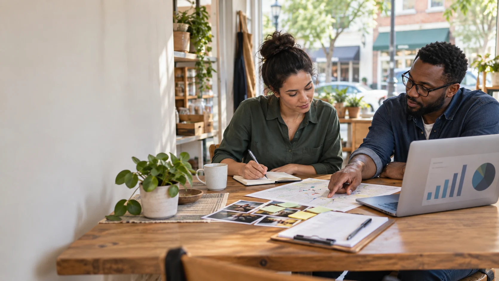 Small business owner and manager reviewing customer evidence and a local market map before launching an offer