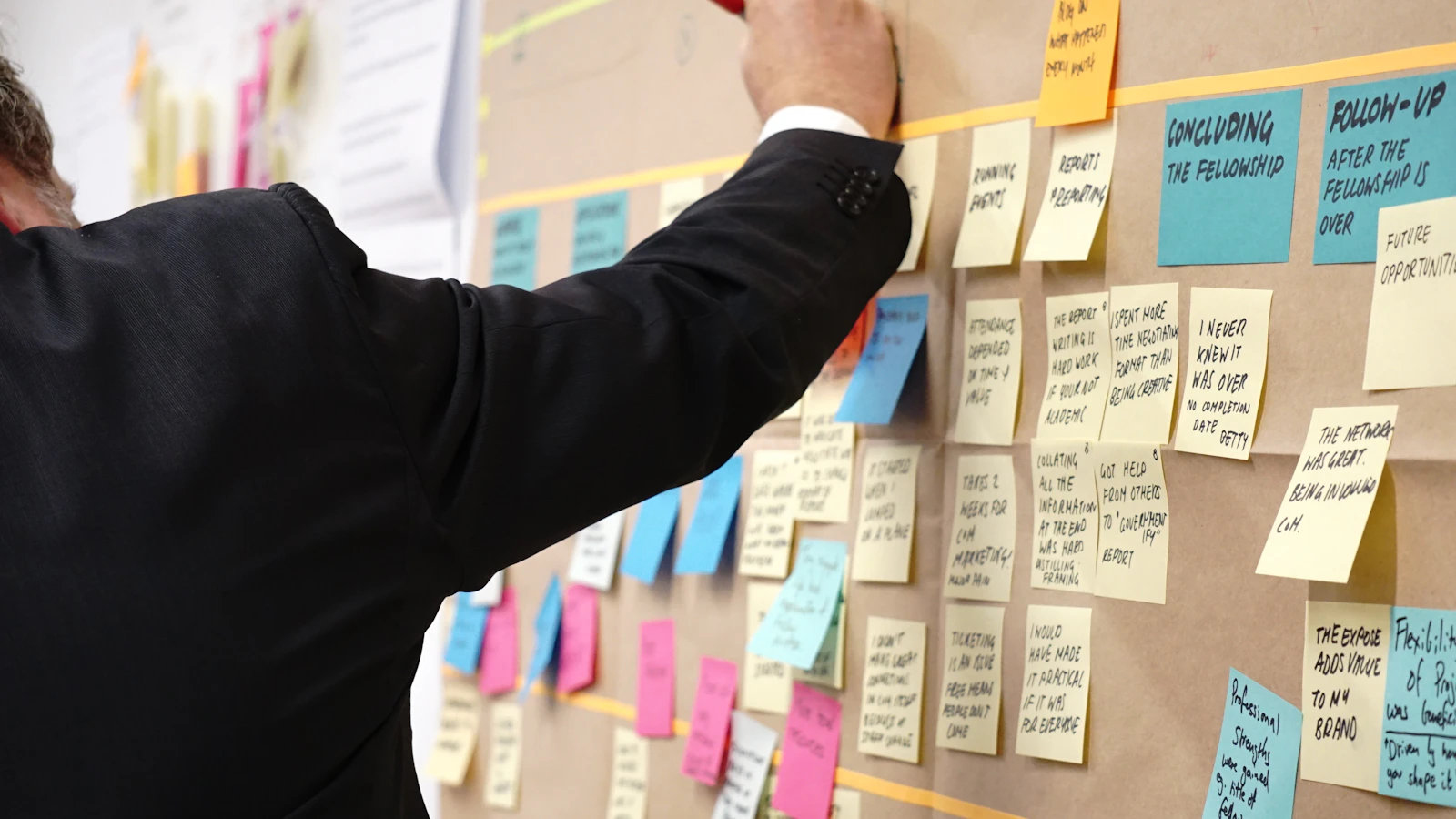 Small business manager building an AI marketing plan with a campaign board and weekly action notes