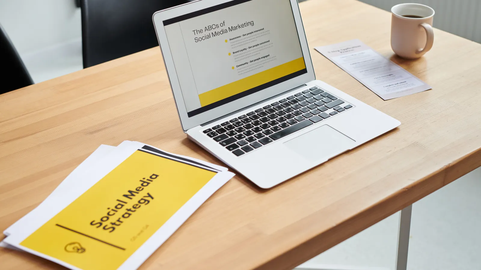 Laptop showing a social media strategy for AI-assisted marketing