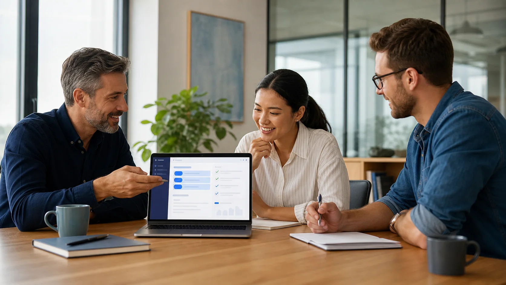 Small business manager and employees reviewing AI-assisted meeting notes and action items on a laptop