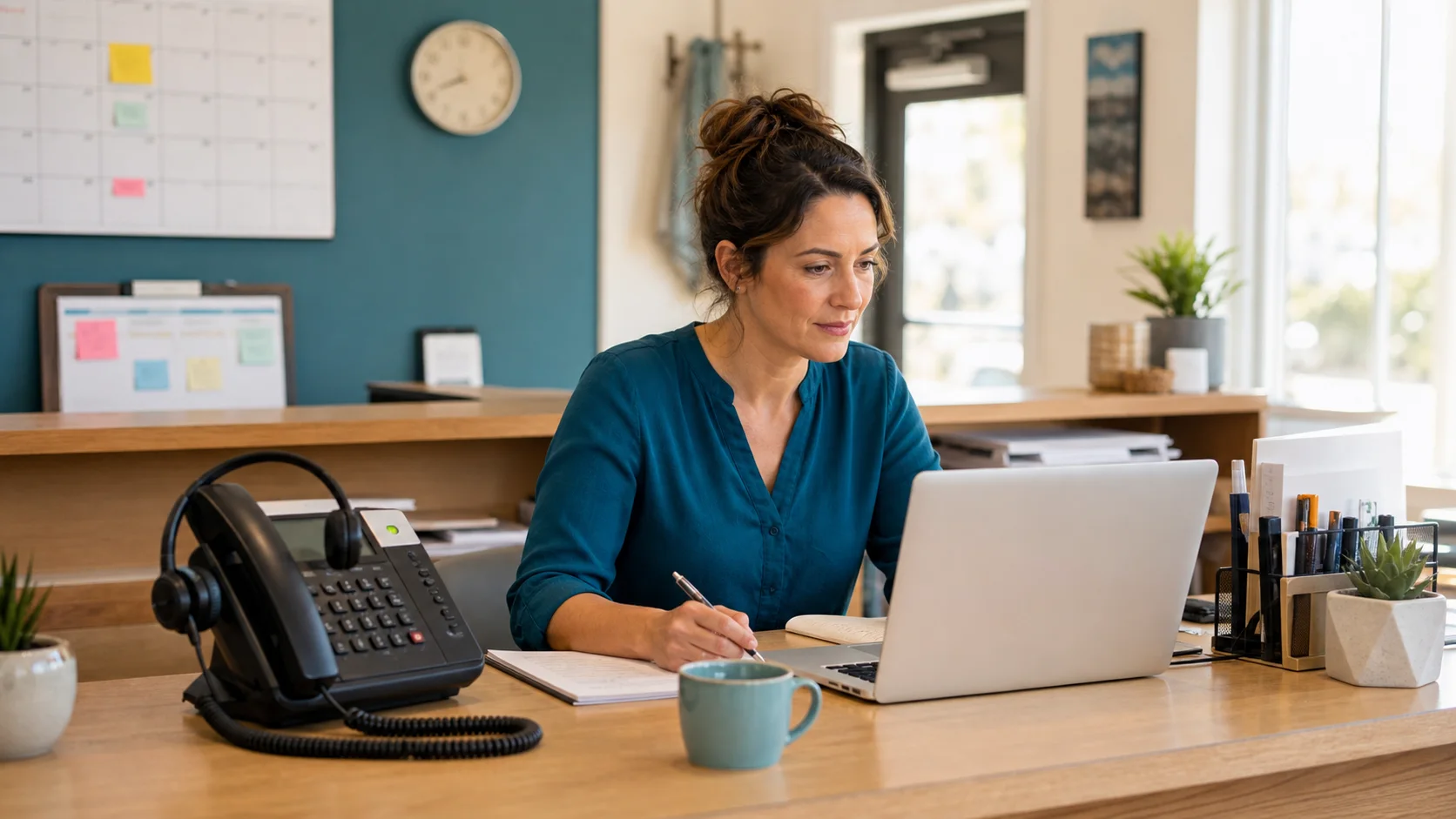 Small business office manager reviewing an AI receptionist call summary and customer appointment handoff