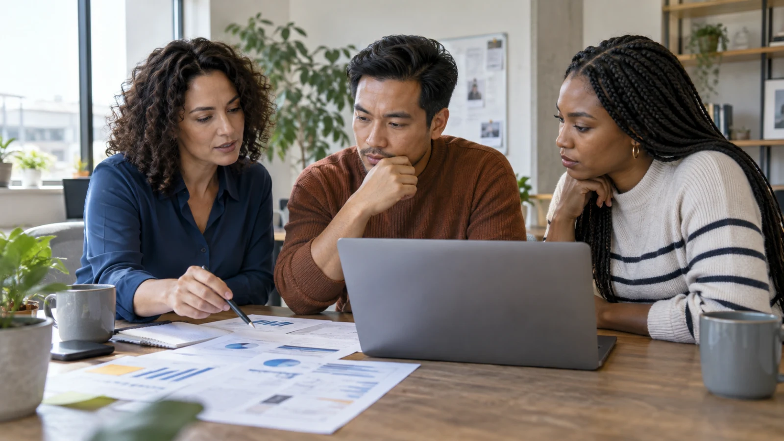 Small business leadership team calculating the return on investment of an AI workflow