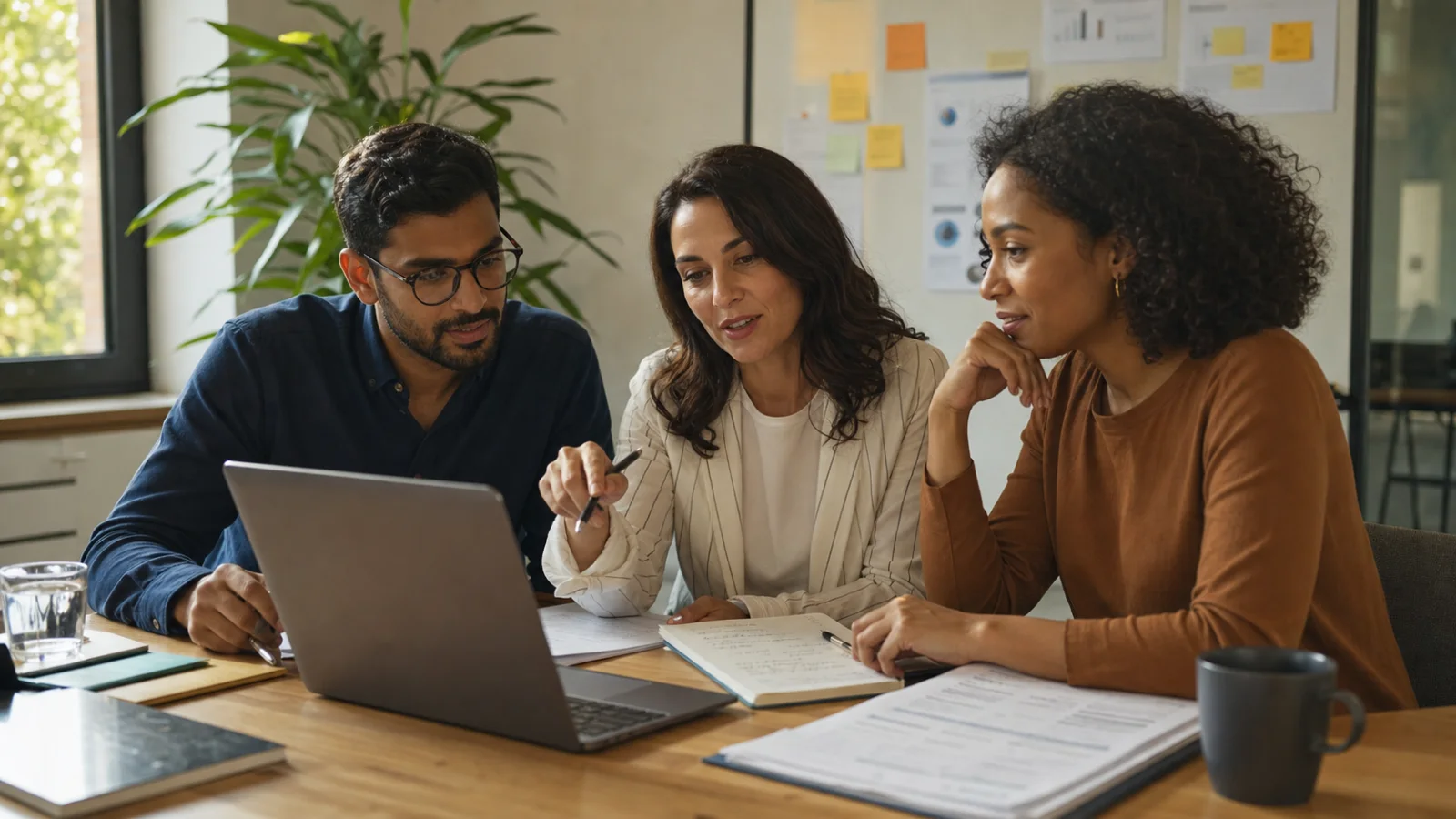 B2B sales manager and team using AI-assisted research to prepare for a client meeting
