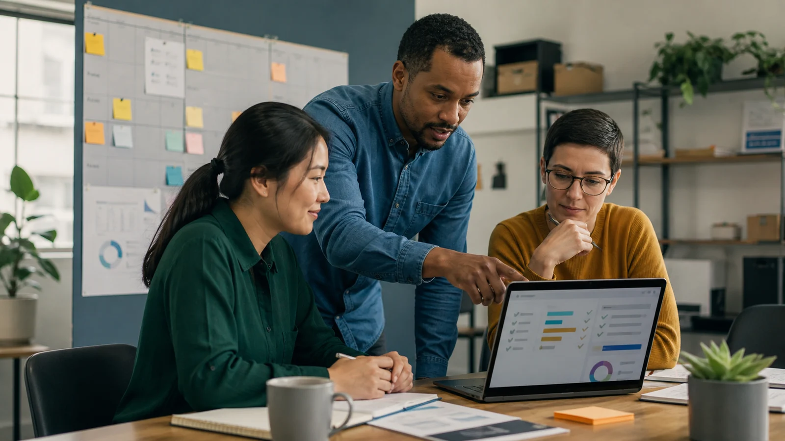 Manager and employees reviewing an AI-assisted weekly status report with progress and next actions