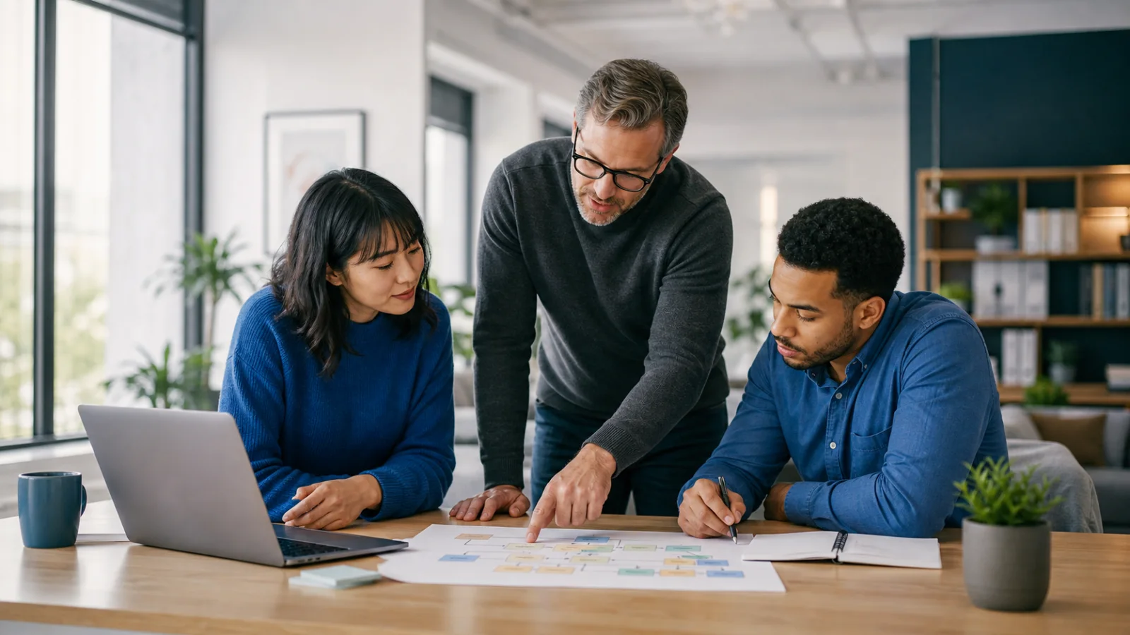 Manager and employees reviewing an AI task delegation workflow with clear human ownership