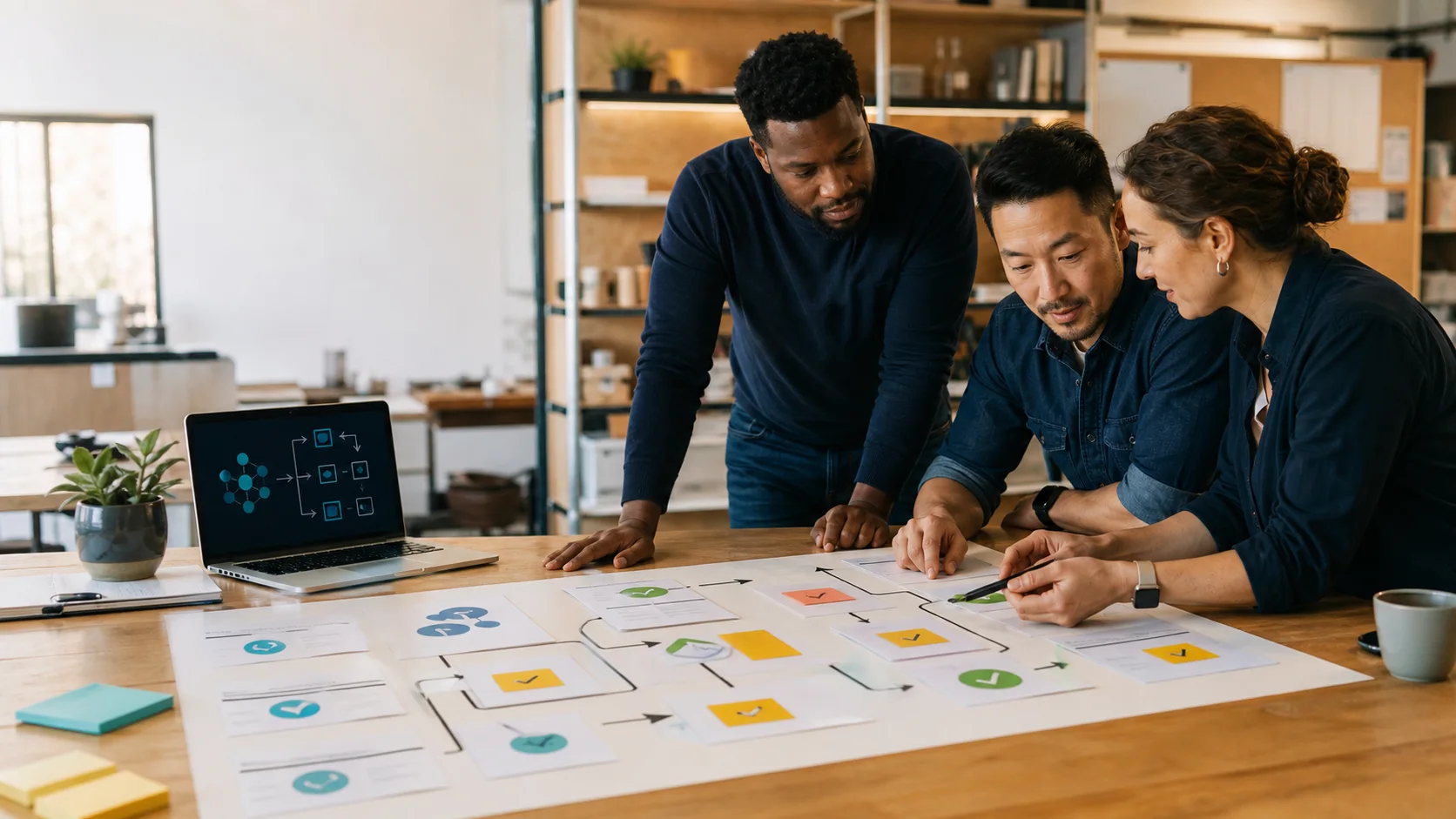 Small business owner and managers reviewing an AI workflow audit and process map