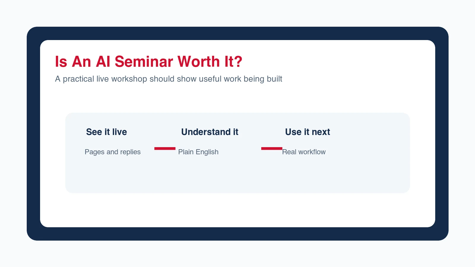 Live AI seminar workflow showing how attendees see understand and apply practical AI