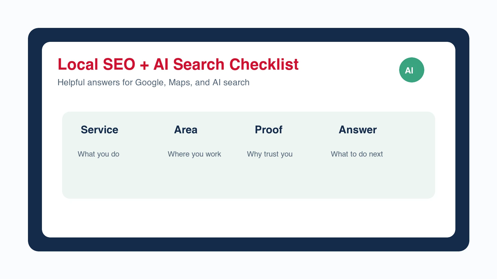 Checklist for optimizing small business service pages FAQs proof reviews and local profile details for AI answers