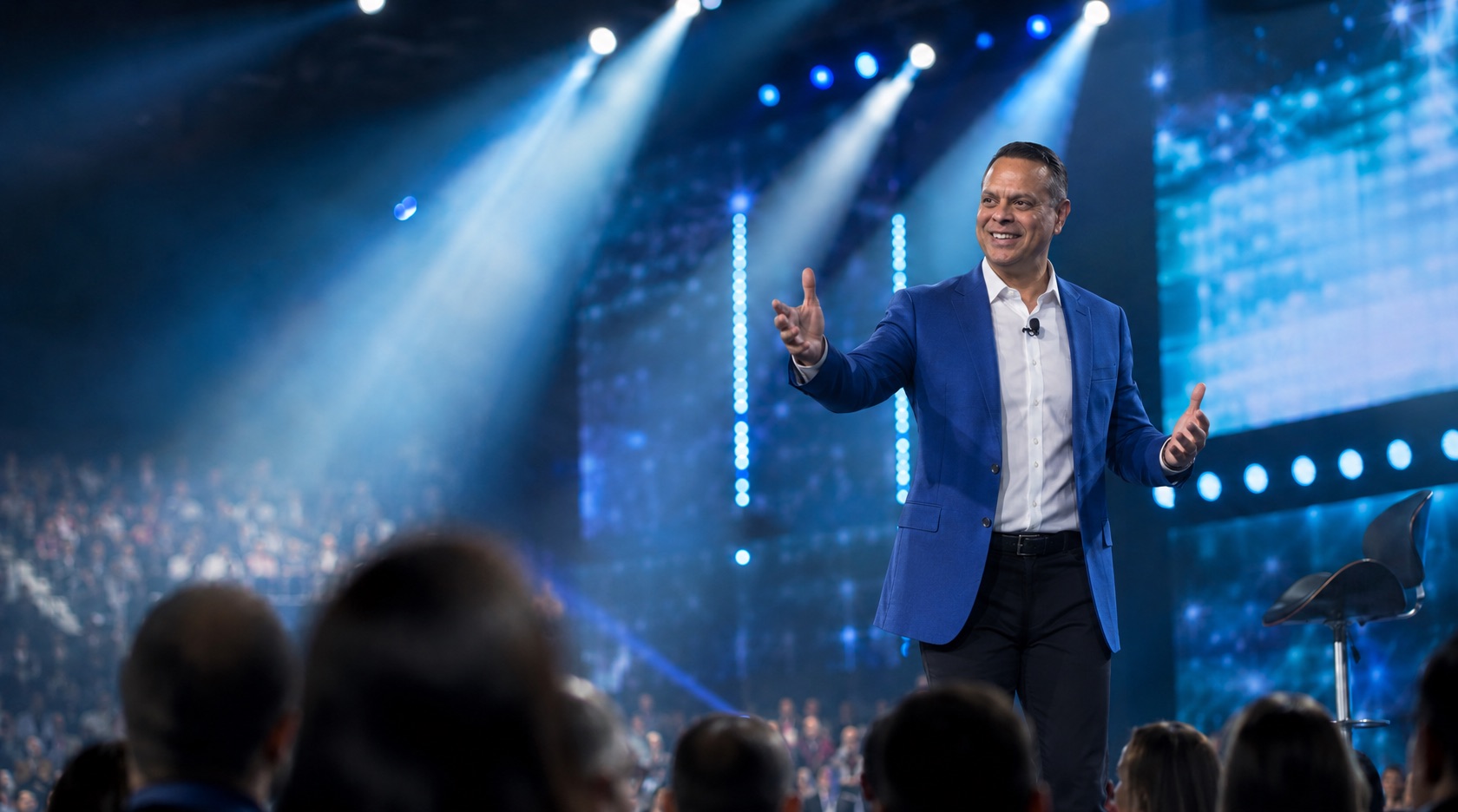 Mike Filsaime teaching a live Winning With AI seminar on stage