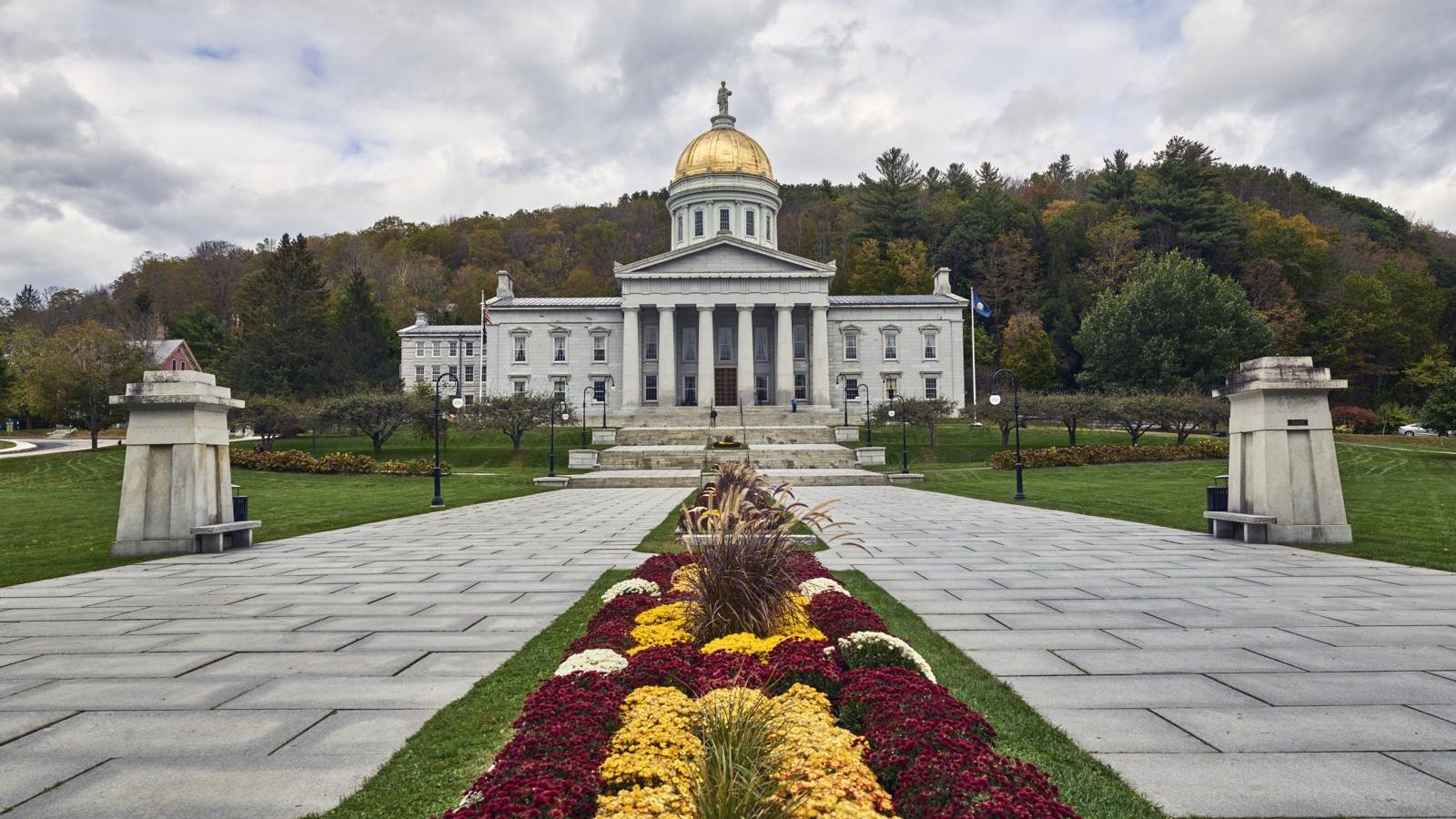 Fall pathway plantings leading to the Vermont State Capitol in Montpelier, Vermont